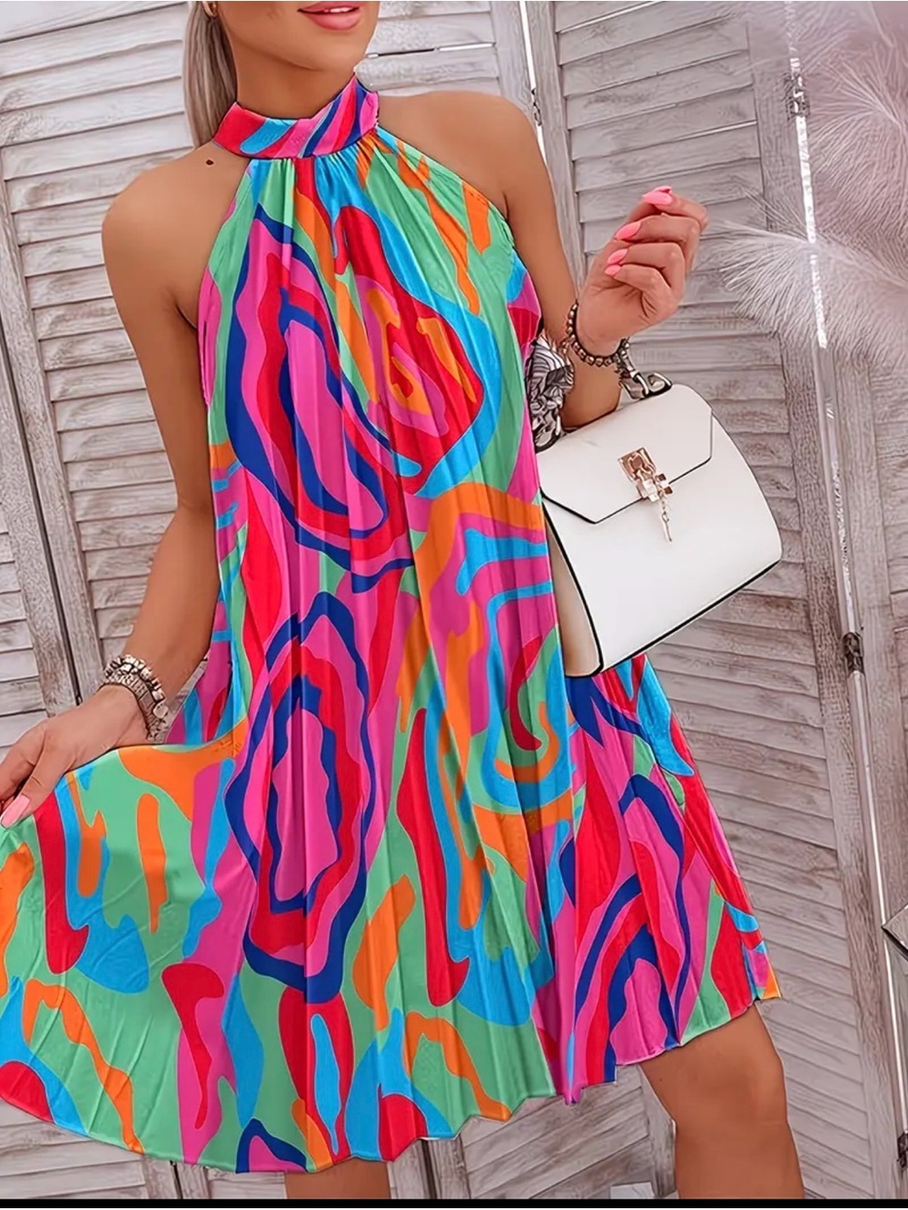 Colorburst Halter Mini Dress - Vibrant Pink Multi Colored